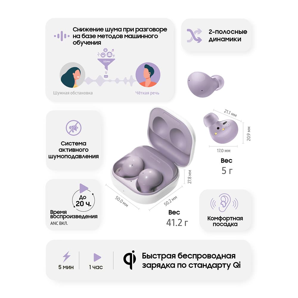 Беспроводные наушники Samsung Galaxy Buds2, фиолетовый (РСТ)— фото №2